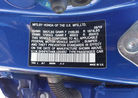 2020 Honda Civic Sport from USA, damaged, VIN SHHFK7H49LU203557